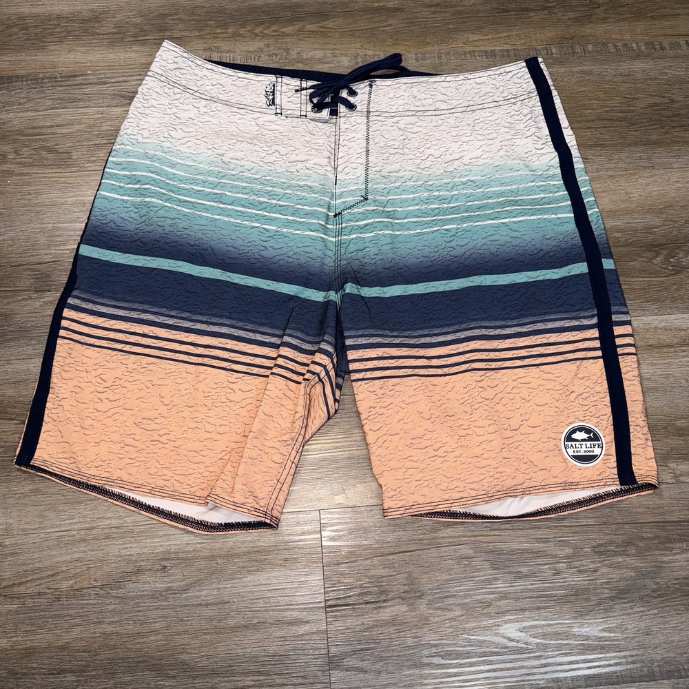 Salt Life Swim Trunks Mens 36 Waterless Pattern Stripe BoardShorts SLX-QD Aqua